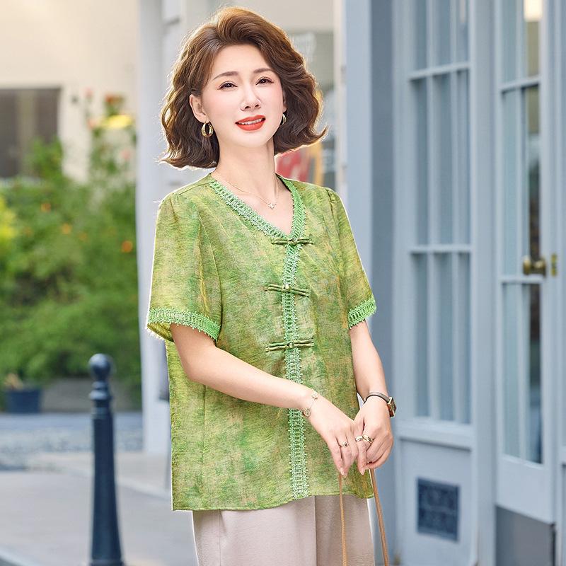 Retro Chinese Style Two-Piece Summer Outfit for Middle-Aged Women (40-60) - Short Sleeve Mother's Day Set