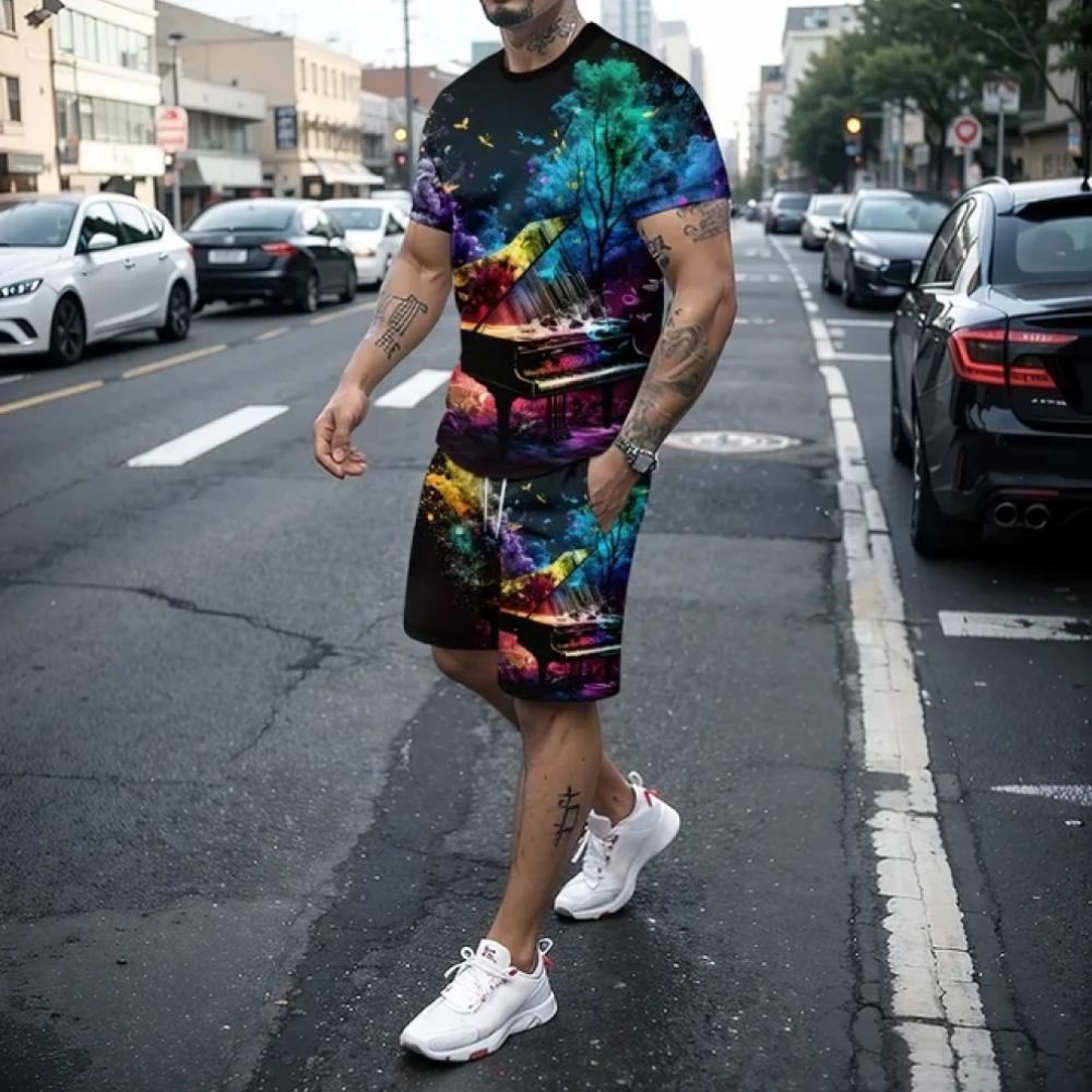 

Новый мягкий и свободный мужской комплект из полиэстера3Dretro, повседневный топ с короткими рукавами, футболка и шорты, спортивная одежда из двух предметов, молодежная уличная одежда 6XL