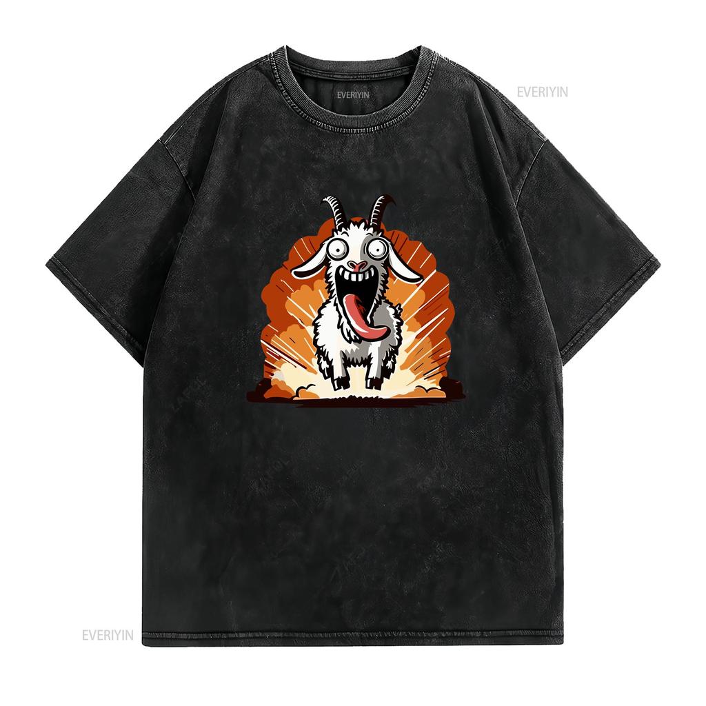 Crazy Goat Simulator Lustiges Tierhumor Unisex T-Shirt Vintage Gewaschen Stilvoll Dehnbar Atmungsaktiv Oberteil Für Den Alltag Lässig