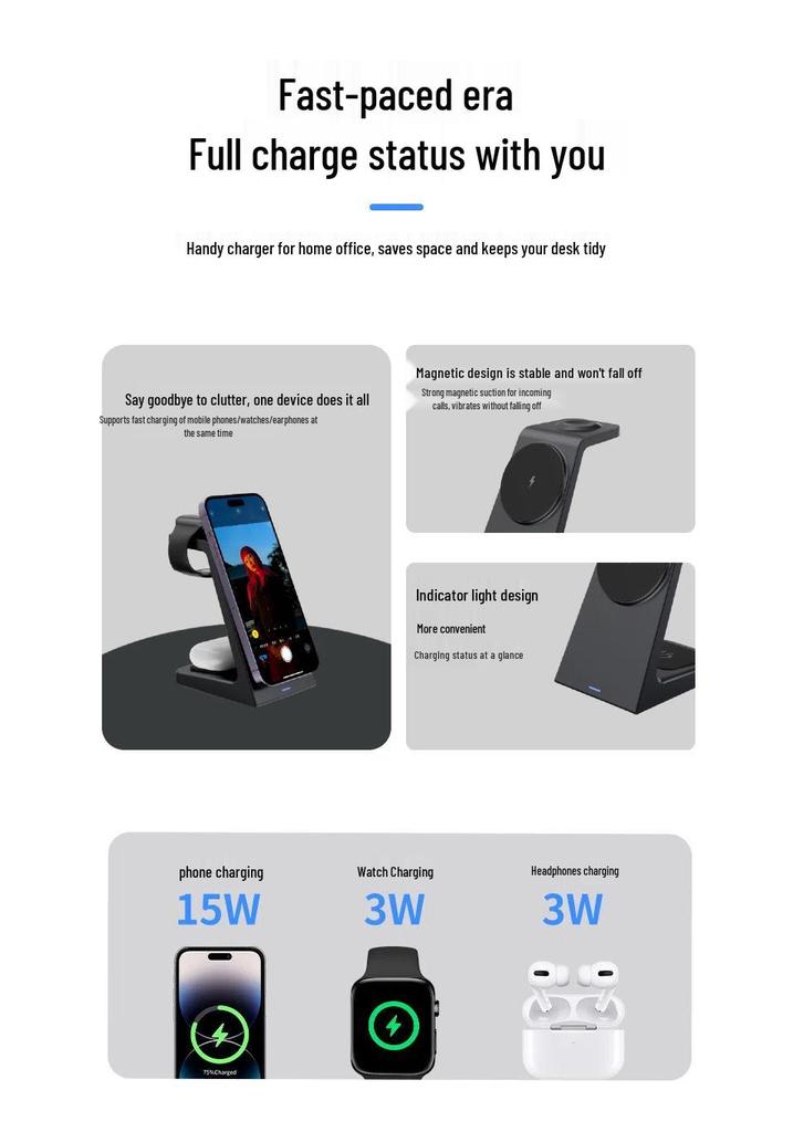 15W Magnetic Wireless Charger & Phone Holder: Compatible with Apple Earphones, Multifunctional 3-in-1 Charging Base