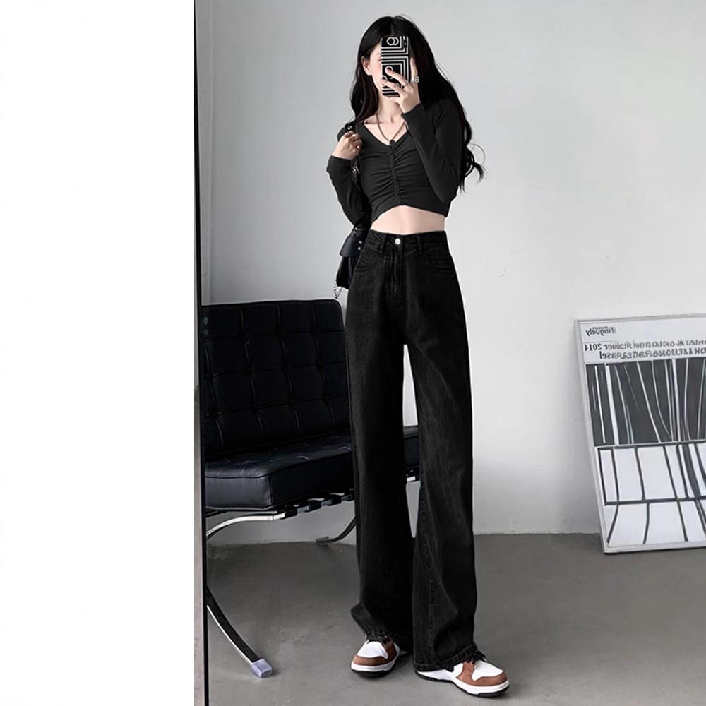 Women's High-Waisted Straight-Leg Jeans: Spring 2025, Thin, Small Size, Loose, Wide-Leg, Floor-Length