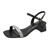 Silver open-toed fashion sandals women's thick heel 2025 new summer French rhinestone square head with high heels