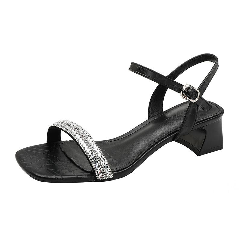 Silver Open-toed Fashion Sandals Women's Thick Heel 2025 New Summer French Rhinestone Square Head with High Heels