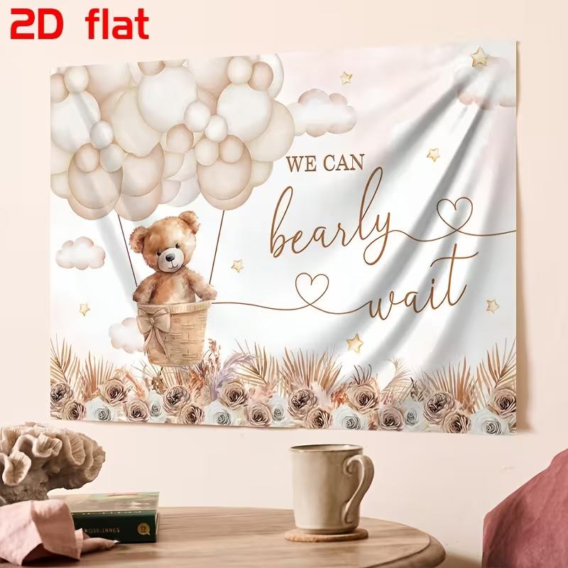 2D Teddy Bear Hot Air Balloon Baby Shower Backdrop Floral Photoshoot Background