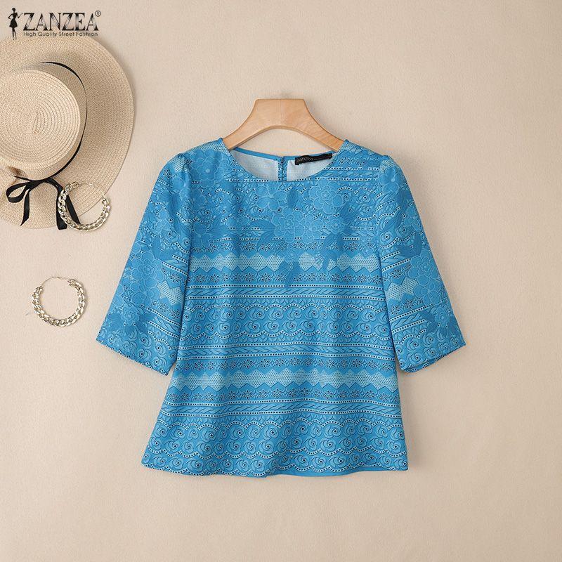 ZANZEA Women Casual Round Neck Half Sleeve Loose Print Blouse
