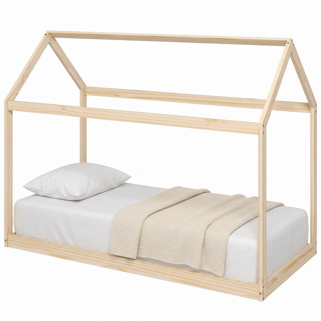 Single Bed Frame, House Scandinavian Wooden Bed Frame for 90W x 190Dcm Mattress, Pine Wood Bed Base, Natural Wood Finish