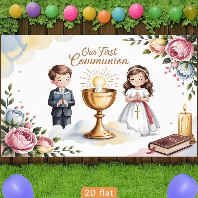 2D First Communion Backdrop, Boy and Girl Chalice & Bible Photo Booth Background Banner