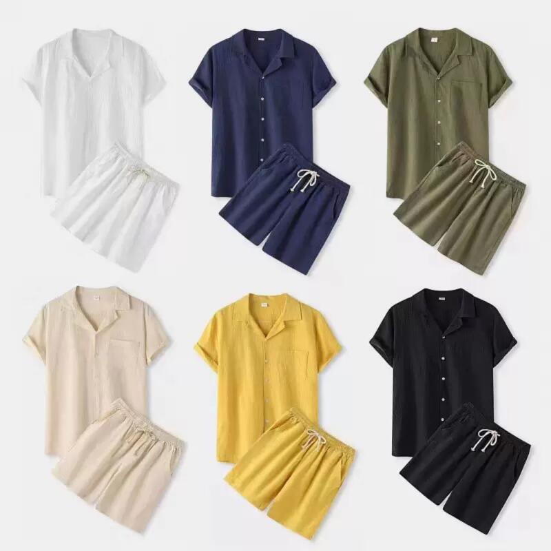 Summer Mens Solid Color Sets Fashion Lapel Short Sleeve Shirt Shorts Set Man Casual Daily Wear Street Breathable Lightweight Two Piece Outfit
