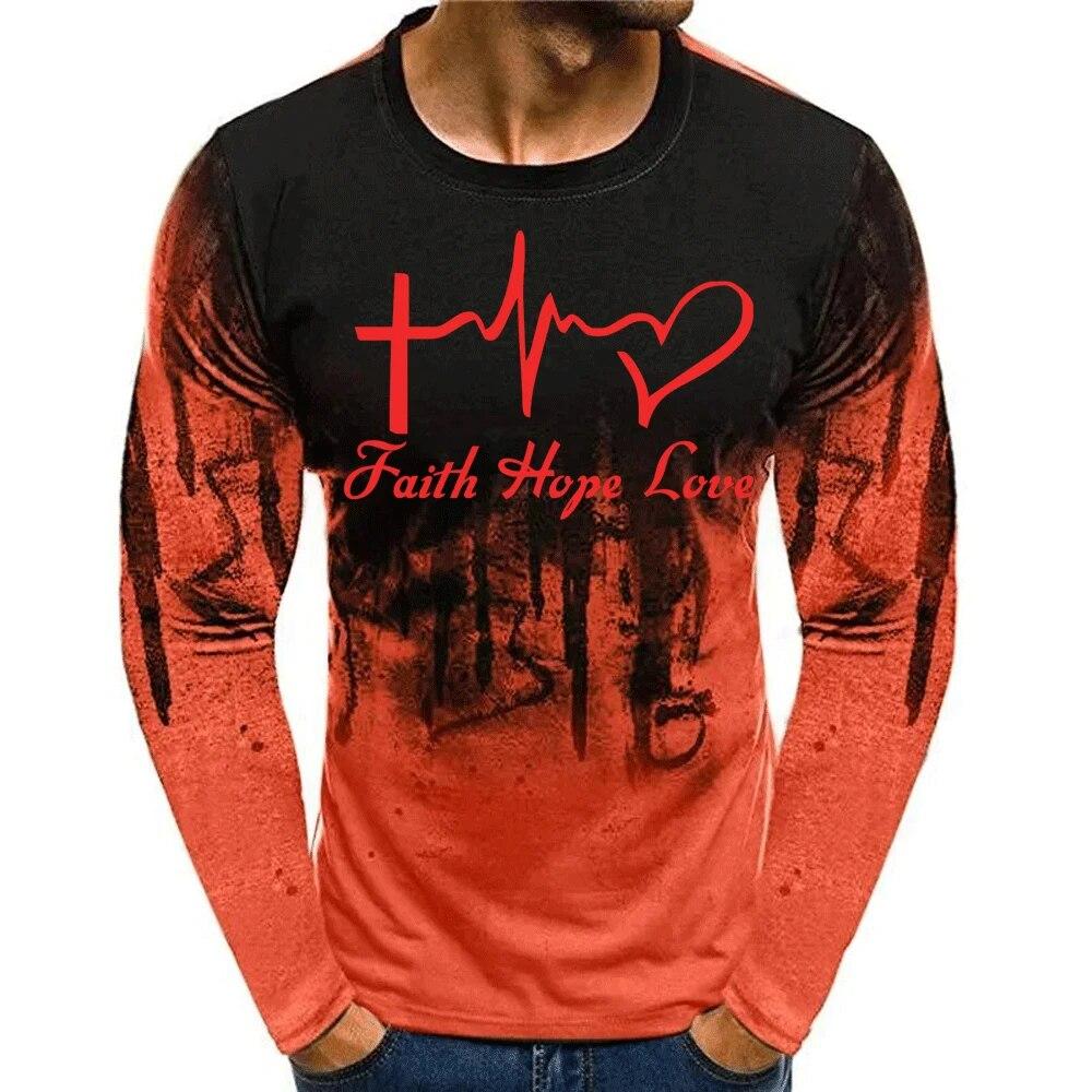Faith Hope Love Painting 3d Print Men's Long Sleeve T-shirt Spring Autumn Jesus Heart O-Neck Pullover Fashion Street Tops