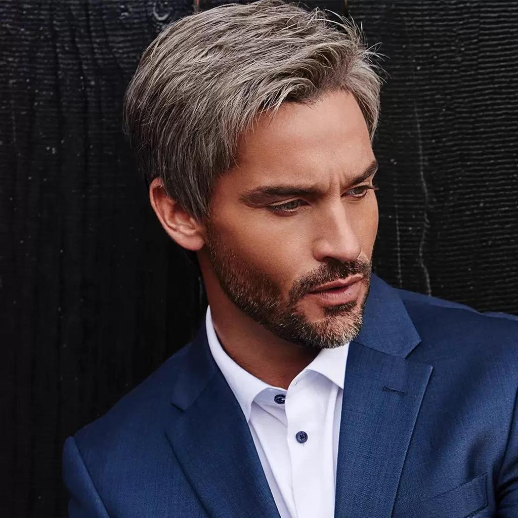 Men's Short Wig, Silver Gray Synthetic Hairpiece for Daily & Formal Wear