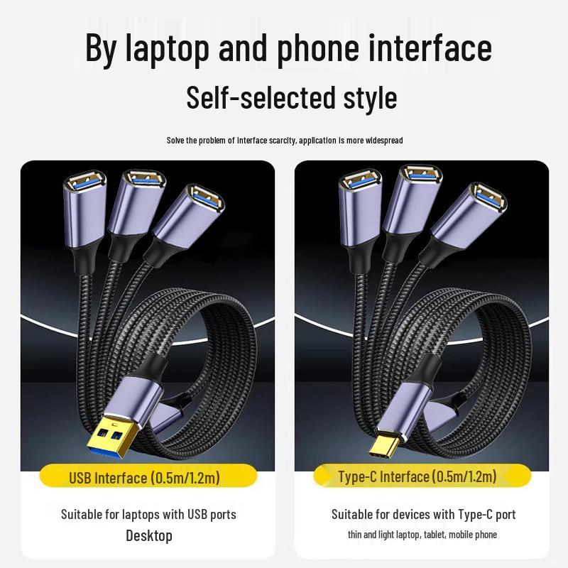 3-in-1 USB Extension Cable Splitter for Computer, Laptop & Phone Charging
