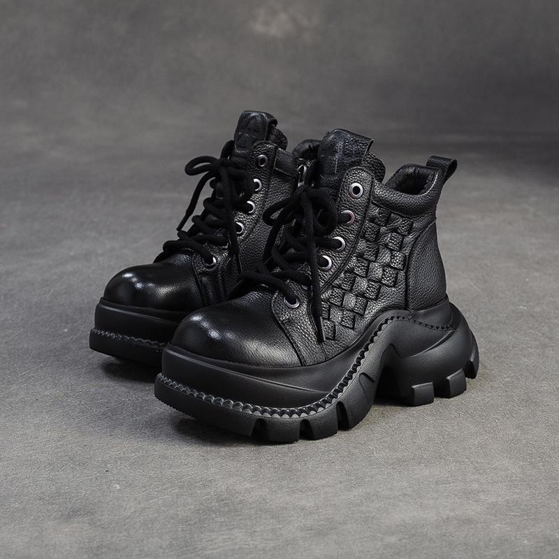 Johnature Retro Genuine Leather Thick Soled Short Boots Comfortable Side Zipper Women's Platform Shoes