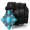 Fashion Bohemian Style Women's Belt Turquoise Inlaid Metal Buckle Personality Vintage Black Embossed PU Leather Belts Plus Size