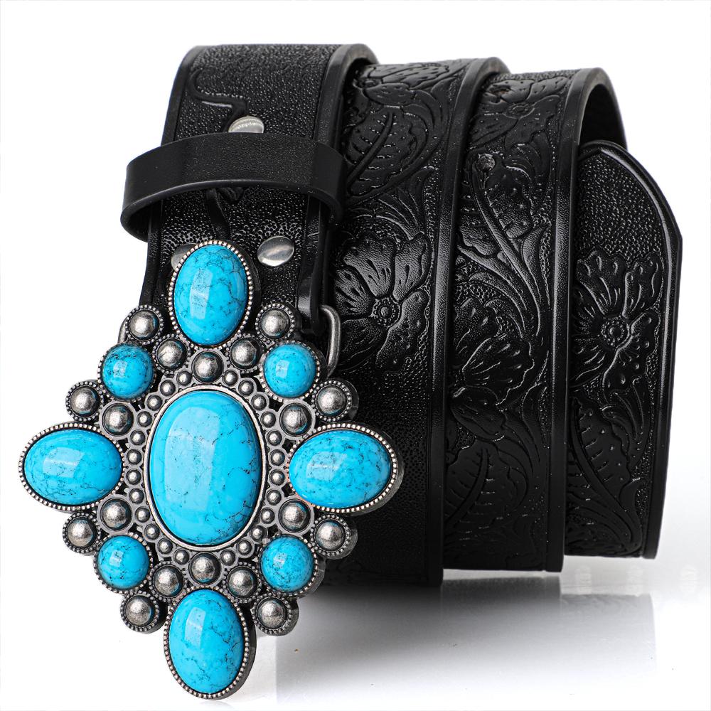 Fashion Bohemian Style Women's Belt Turquoise Inlaid Metal Buckle Personality Vintage Black Embossed PU Leather Belts Plus Size