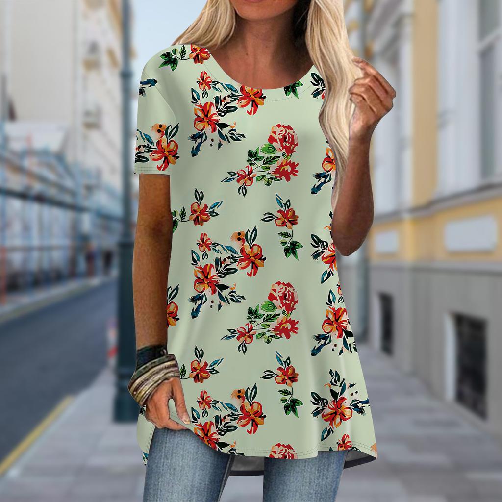 Übergröße Damen Frühling Hibiskusblumen Aufdruck Bequem Kurzarm Rundhals T-Shirt Lässig Locker Mittellang Tee Tops