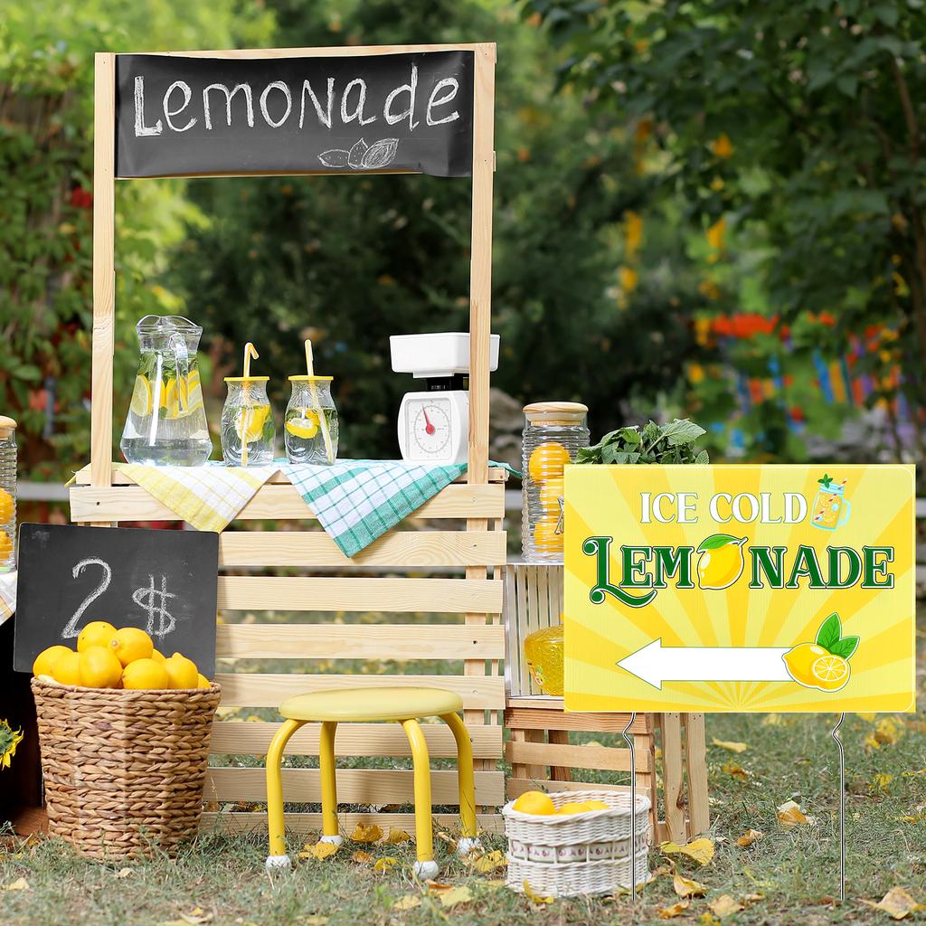 Confezione da 3 Cartelli per Chiosco di Limonata 17''X 12'' Cartello Estivo per Giardino con Picchetto in Plastica Ondulata Bicolore Segni Limon-Ada Lemo-