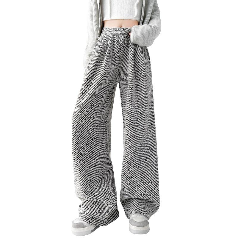 Striped Wide-leg Pants Women's Autumn and Winter Velvet Thickened Retro Atmosphere Lazy and Drape Casual Trousers