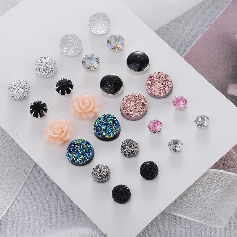 European & American Fashion Jewelry: 12 Pairs of Popular Crystal Stud Earrings