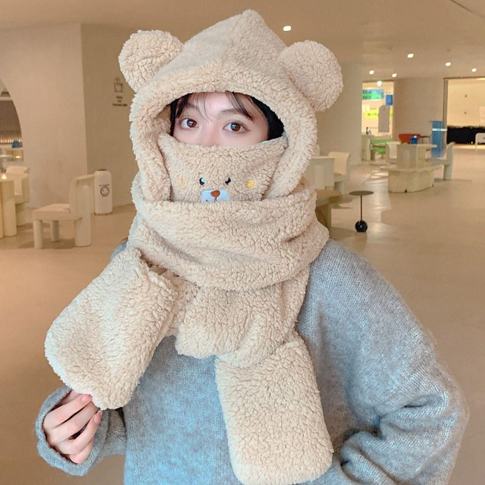 Ear Protection Korean Cap Bear Ears With Mask Winter Gloves Lamb Fleece Hat Women Plush Hat Scarf