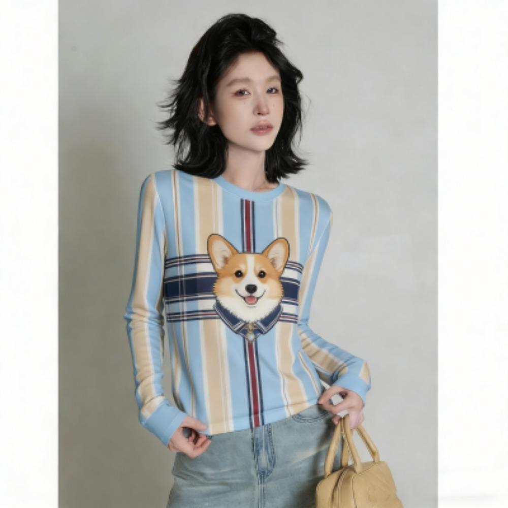 Europe America Fashion Fun Dog Print Women's T-shirt Casual Pullover Women Long Sleeve Clothing Outdoor Street Tees Top