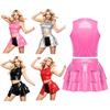 Women PU Crop Top and Skirt Set Front Dual Zippers Sleeveless Vest Top Open Front Tiered Ruffled Hem Miniskirt