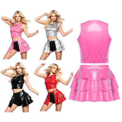 Set Donna Top Corto e Gonna in PU con Doppia Zip Frontale Canotta Senza Maniche Minigonna Aperta Davanti con Orlo a Volant a Strati