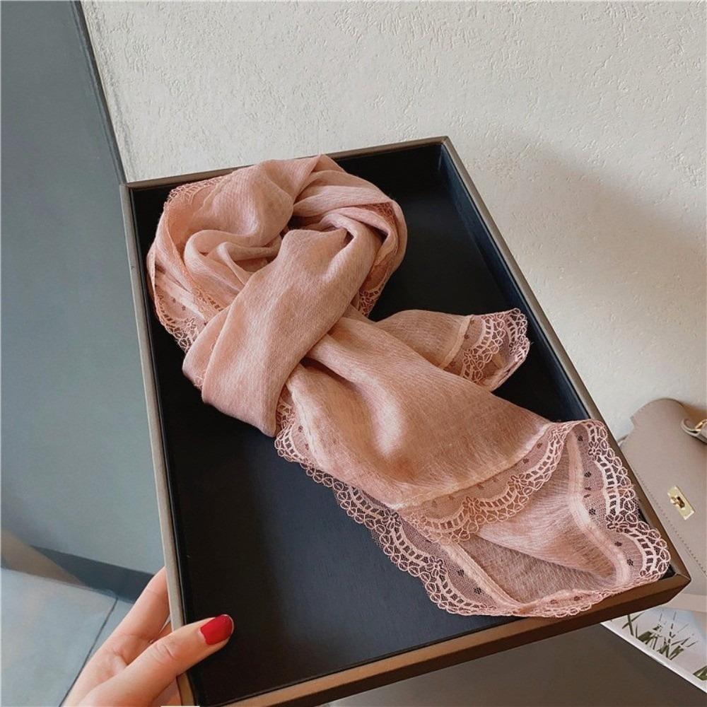 Solid Color Cotton Linen Scarf Lace Edge Silk Scarf Literary Flaxen Lace Scarf for Women