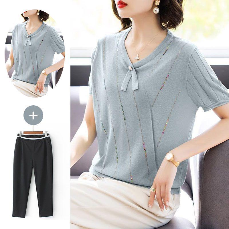 2026 Stylish Ice Silk Short-Sleeve Top for Mom: Lightweight Summer Wear for Middle-Aged & Elderly