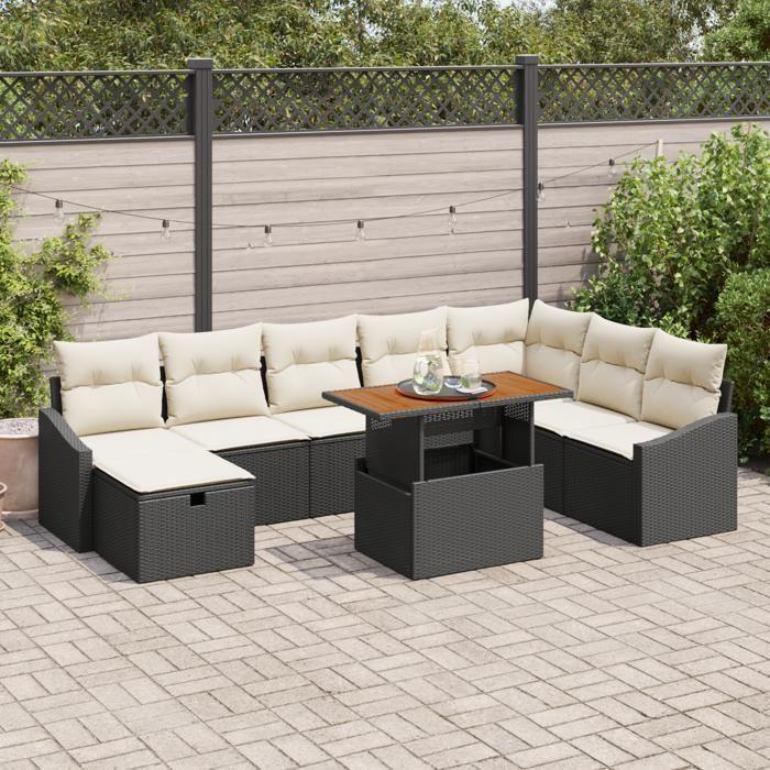 VidaXL Ensemble de Canapé de Jardin 9 Pièces avec Coussins Noir Rotin Synthétique 3361369