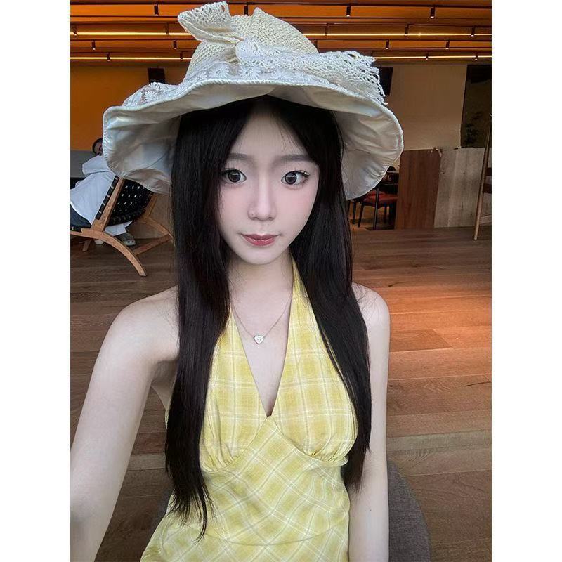 Yellow plaid Vneck neck sling dress women's summer dopamine beautiful slim fit gentle vacation style dress
