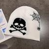 Knitted Fashion Hat With Skull And Spider Web Embroidered Design Halloween For