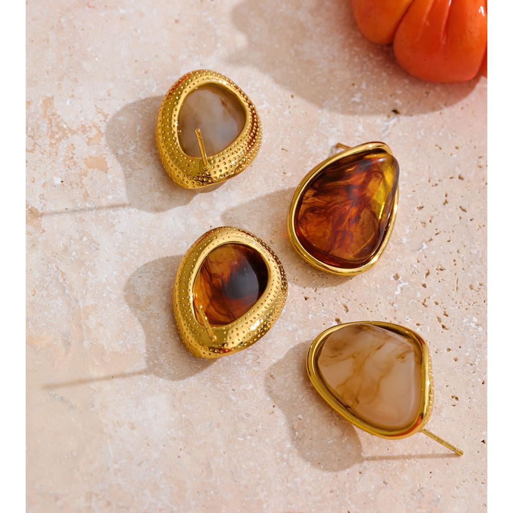 Yhpup Fashion Stainless Steel Resin Acrylic Geometric Stud Earrings Anti Allergic Golden Plated Arrivals Jewelry Amber Beige