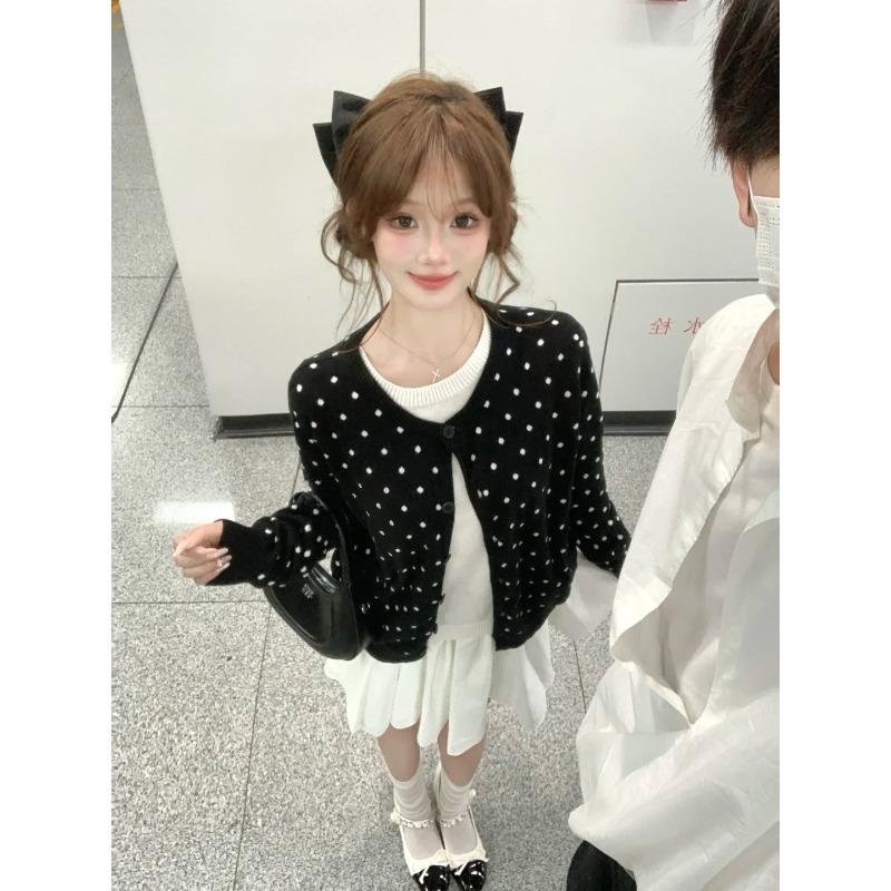 Age-reducing Polka Dot Knitted Cardigan Women's Spring and Autumn Niche Single-breasted Contrasting Long-sleeved Jacket Sweet Style Top