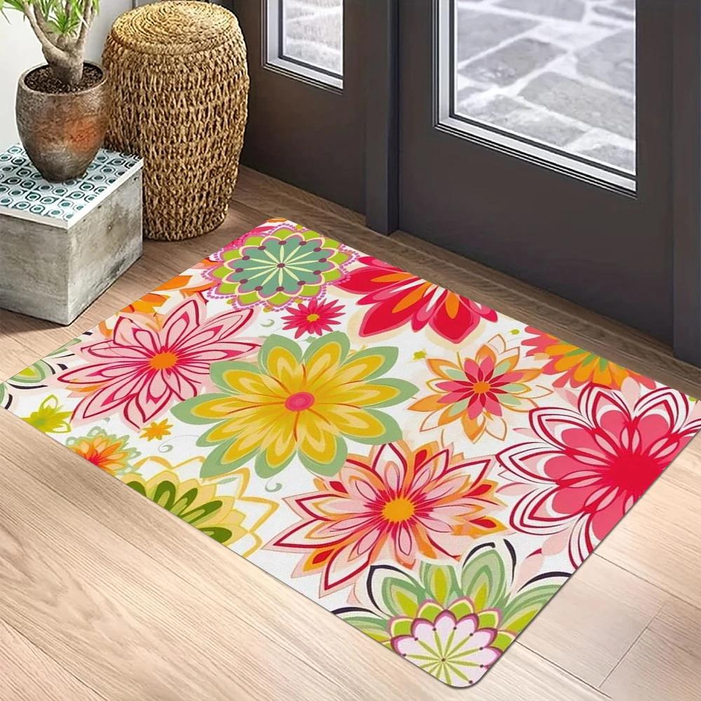 Floral Print Welcome Doormat Non-Slip Machine Washable Carpet for Living Room Bedroom Bathroom Kitchen Laundry Rug
