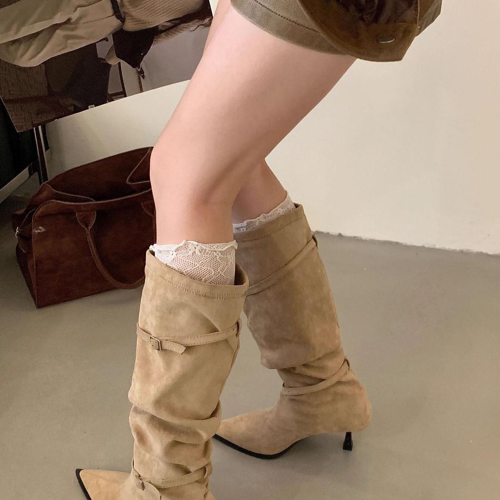 Pleated Pile Boots Belt Buckle High Heel Boots 2025 Autumn and Winter New French Fashion Pointed Suede Boots Women