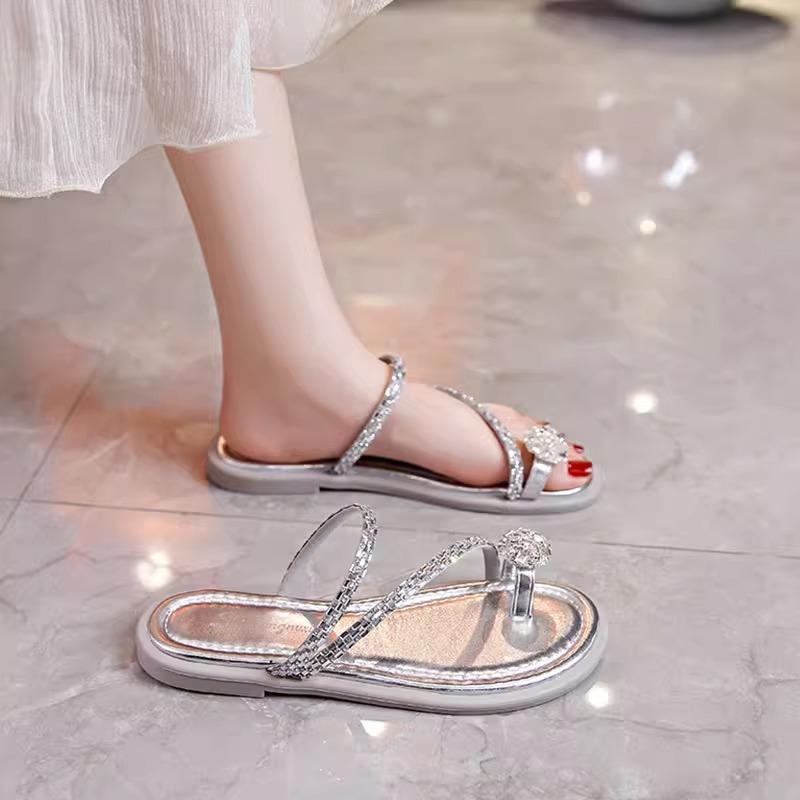 French evening slippers flat shoes pinch cold slippers fairy wind beautiful sandals women's summer wear silver women's shoes
