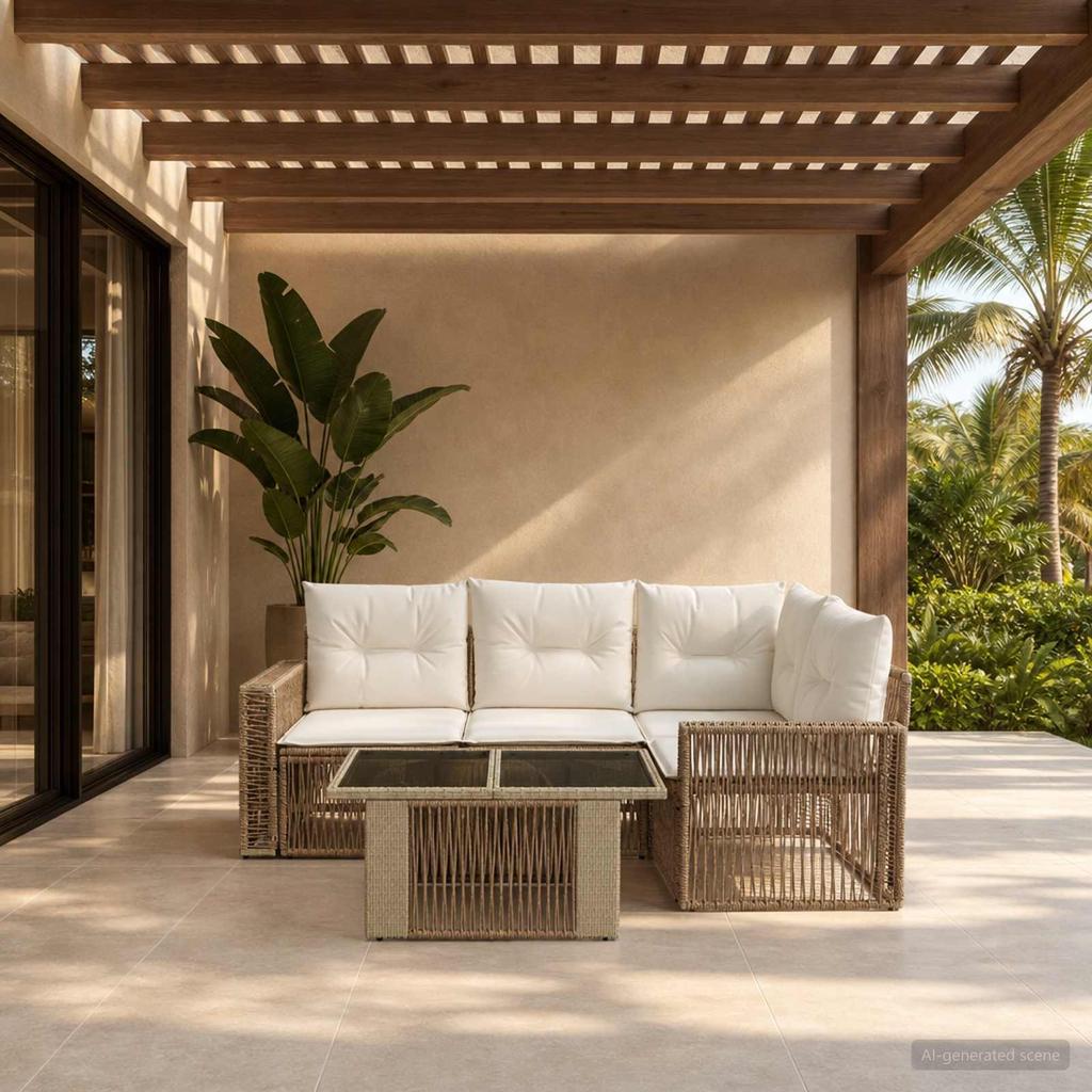 Garden Sofa Set 5 Pieces Beige and Cream White Poly Rattan