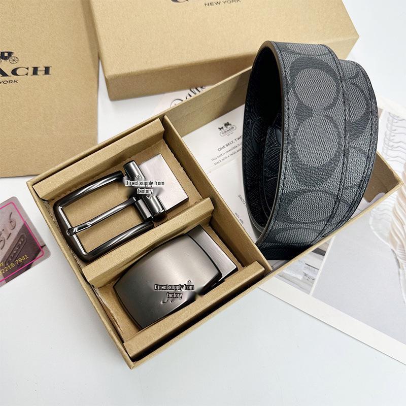 Men's Classic Double Buckle Leather Belt with C Buckle and Fabric Texture - Business Casual Trousers Accessory