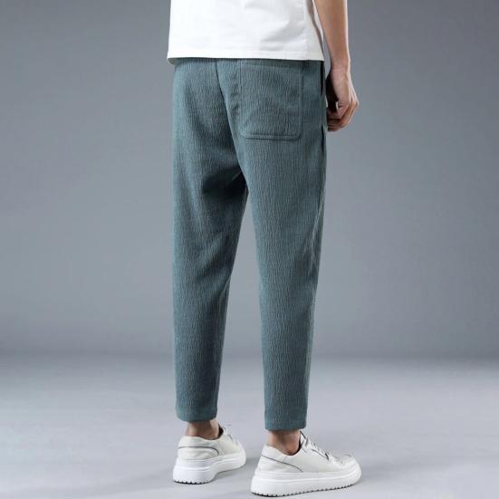 Men Ninth Pants Drawstring Elastic Waist Straight Leg Loose Solid Color Pockets Plus