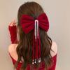 Cloth Bowknot Spring Clip Rhinestone New Year Hairpin Red Velvet Bow Hair Clip  New Year Headwear