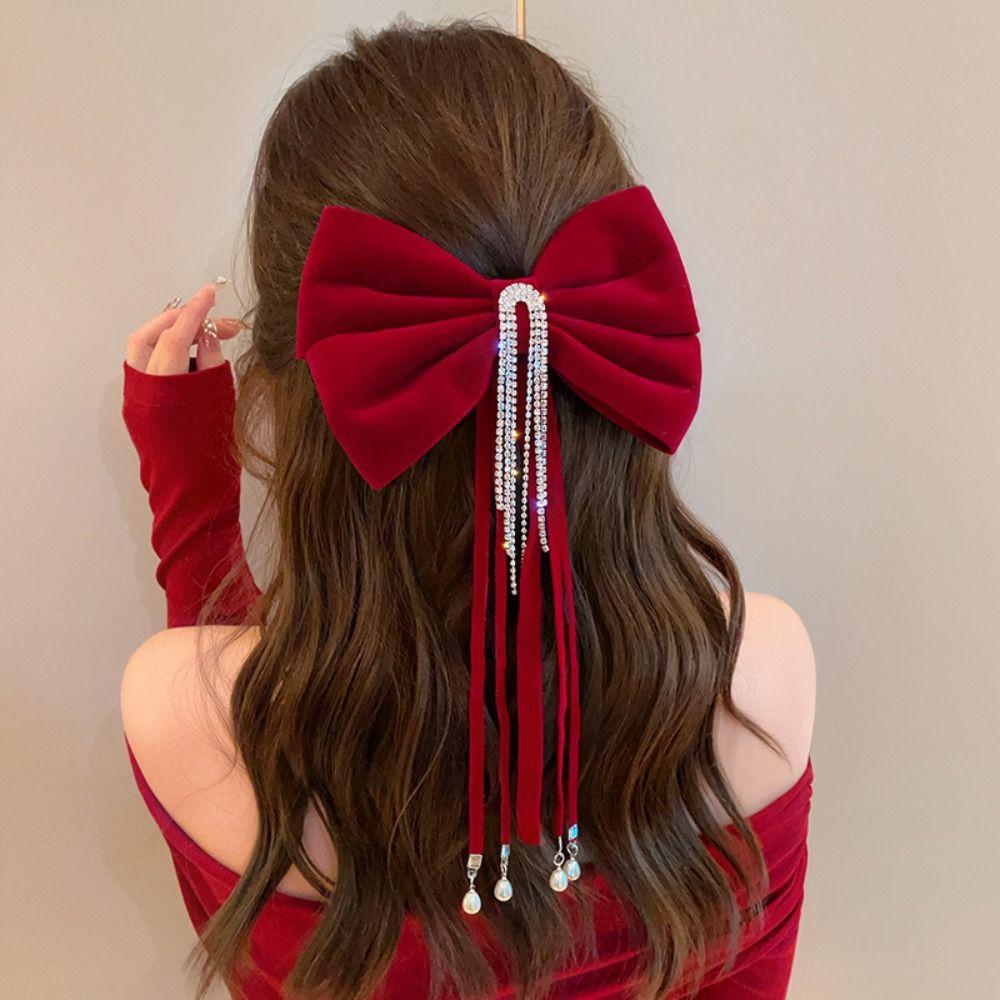 Cloth Bowknot Spring Clip Rhinestone New Year Hairpin Red Velvet Bow Hair Clip  New Year Headwear