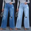 2025 Summer High Waist Ripped Jeans: Women's European & American Street Style, Loose Straight Wide-Leg Pants
