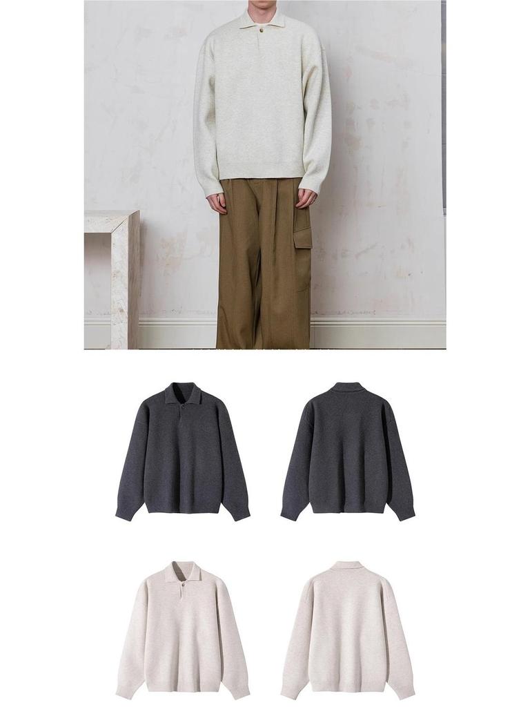 Men’s 2024 Winter Grey Sweater: Old Money Style, Thick Knit, Small Turn-Down Collar.