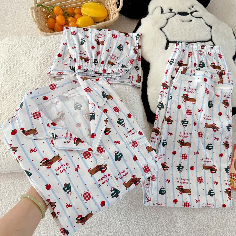 Set Pijama de Damă Dachshund Desen Animat cu Buline și Dungi - Mânecă Scurtă, Stil Coreean, Articole de Casă din Trei Piese.