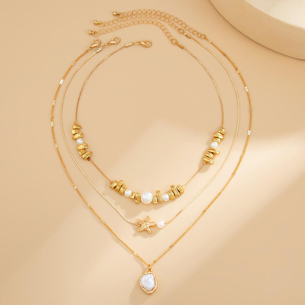 Baroque Special-Shaped Imitation Pearl Beaded Necklace, Creative Metal Thin Chain Starfish Collarbone Chain