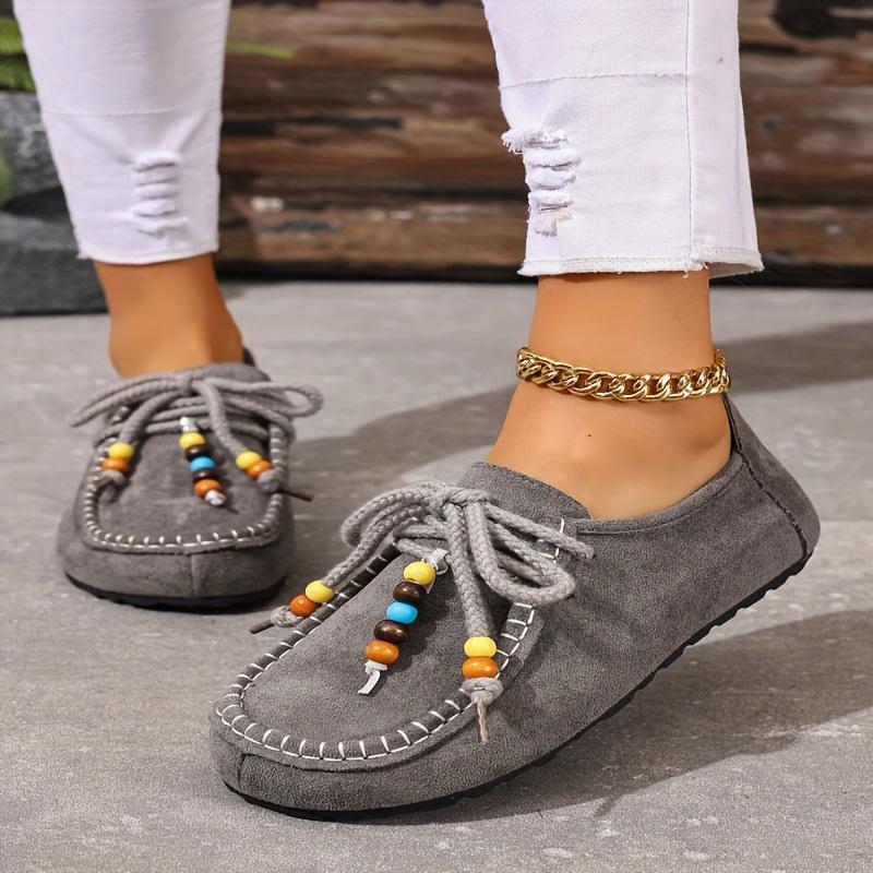 Boho Beaded Fringe Lace-Up Penny Loafers for Women , Tassel Loafers, Ladies Loafers