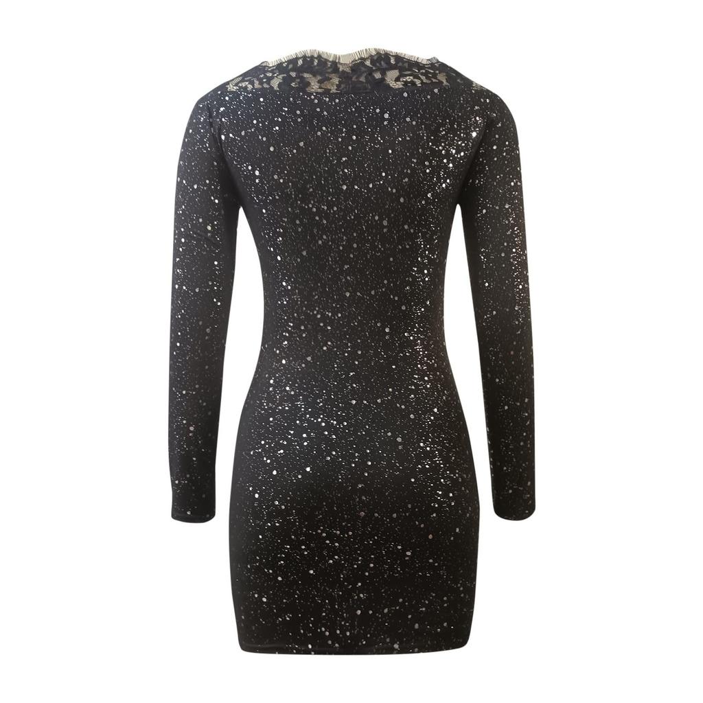 Fashion Womens Loose V-neck Bright Flash Rhinestone Long-sleeved Dress