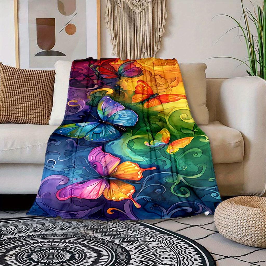 1pc Butterfly Print Blanket, Flannel Blanket, Soft Warm Throw Blanket Nap Blanket For Couch Sofa Office Bed Camping Travel