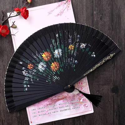 Classical Wooden Folding Fan Double Sided Floral Dance Fan Hollow Out Hand Painted Fan Decoration