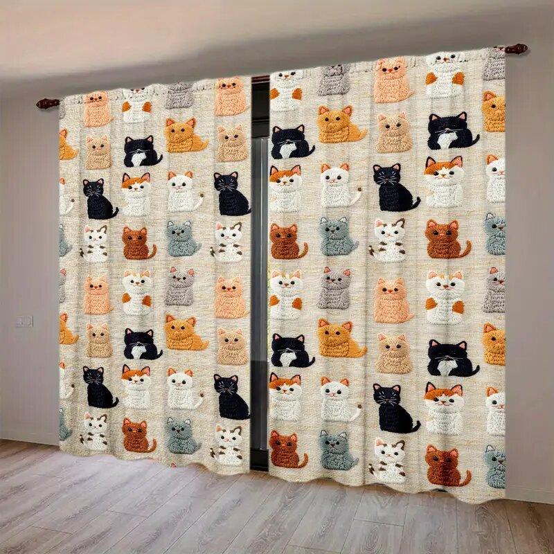 Cartoon Cat Printed Curtains Christmas Decorations Bedroom Living Room Home Decoration Curtain Made Of Polyester Washable Sitting Ready